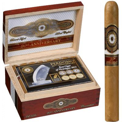 Perdomo 20th Anniversary Connecticut Cigars Robusto 24 Ct. Box, open wooden box displaying cigars with decorative label and anniversary branding.