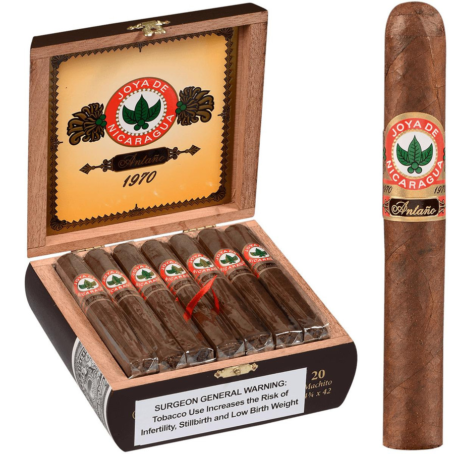 Joya De Nicaragua Cigars Antano 1970 Machito 20 Ct. Box 4.75X42, a set of premium cigars with the box open showing the cigars inside and one cigar outside with detailed label.