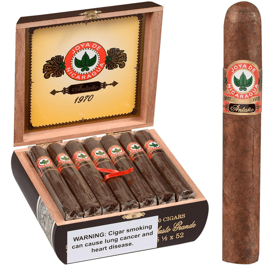 Joya De Nicaragua Cigars Antano 1970 Robusto Grande 20 Ct. Box 5.50X52, with a single cigar shown outside the box, featuring its band design.