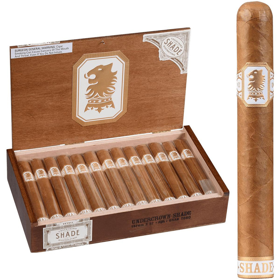 Undercrown Cigars Connecticut Shade Gran Toro 25 Ct. Box 6.00X52, a box of 25 premium cigars with a light Connecticut shade wrapper, featuring lion logo labels on each cigar and on the box, showcasing the product's elegant packaging and high-quality appearance.