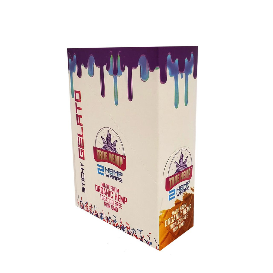 True Hemp Wraps Sticky Gelato 25/2, packaging box featuring a vibrant purple and white dripping design with product information and hemp leaf logo.