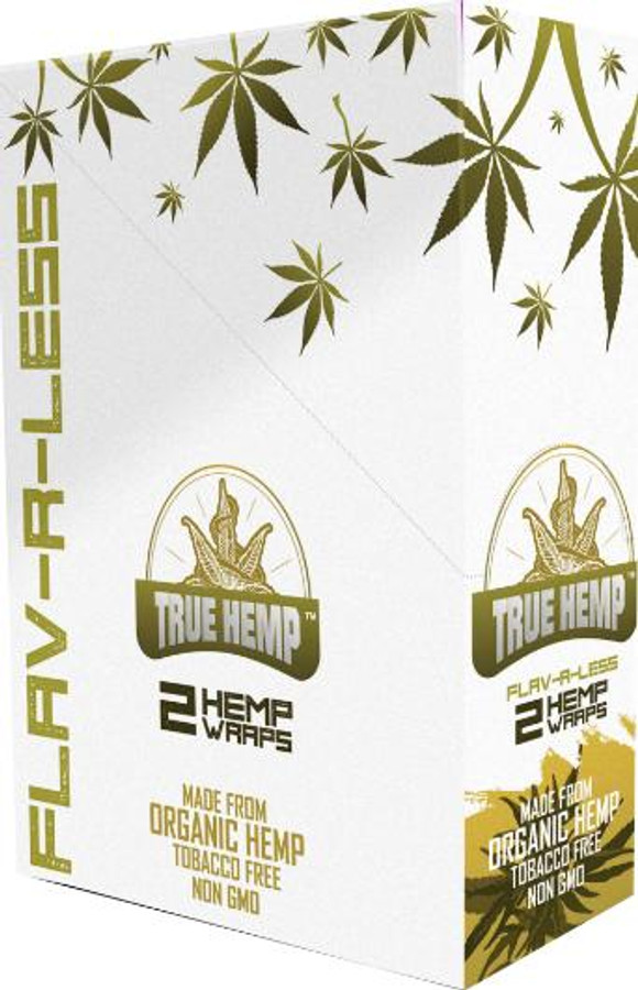 True Hemp Organic Wraps, Flavored Less 25/2 packaging with hemp leaf design.