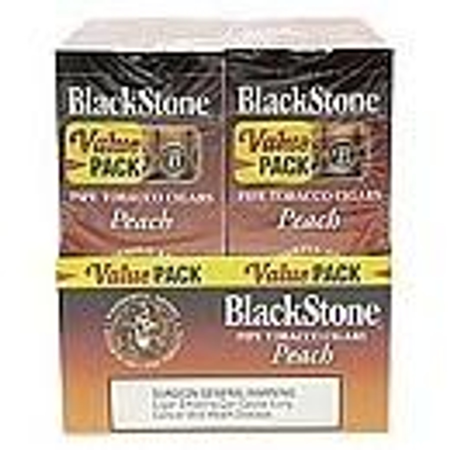 Swisher International Blackstone Tip Cigarillos Peach, image of cigarillo packs with black and yellow packaging and peach flavor indication.