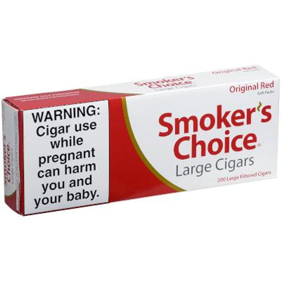 Prime Time Smokers Choice Filtered Cigars Red Original 100S Soft 10/20, product packaging showing a warning label and branding on a rectangular box.