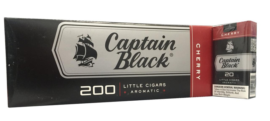 Captain Black Little Cigars Sweet Cherry, package of aromatic small cigars with black, red, and silver design elements.