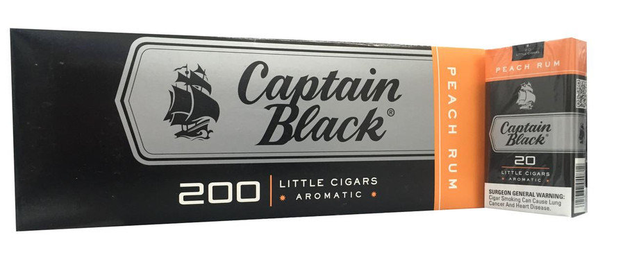 Scandinavian Tobacco Captain Black Little Cigars Peach Rum, box of 200 aromatic small cigars with orange and black packaging.