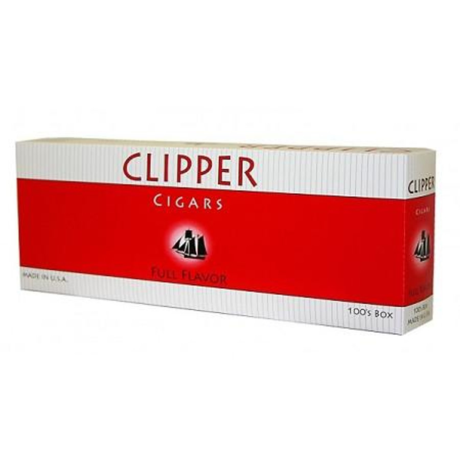 Global Tobacco Clipper Filtered Cigars Full Flavor, rectangular box with red and white design.