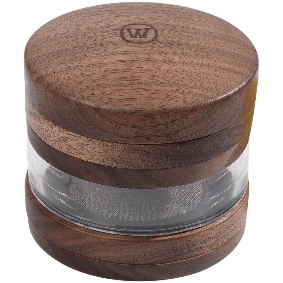 Marley Natural 3 inch Black Walnut Wood Four Piece Grinder, premium wooden herb grinder with metal teeth and clear acrylic chamber for easy herb grinding and storage.