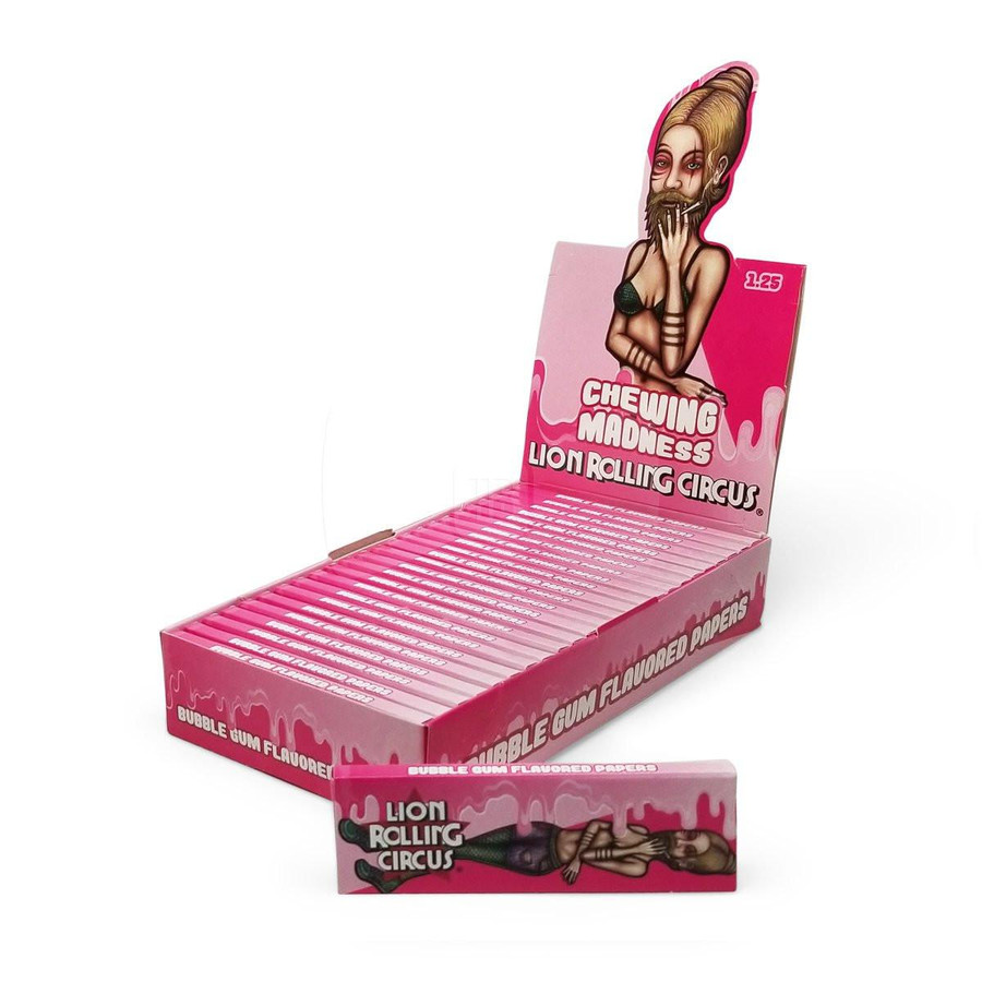 Lion Rolling Circus 1 1/4" Cigarette Papers Bubble Gum 25 Ct, pink pack with cartoon female figure blowing bubble gum.