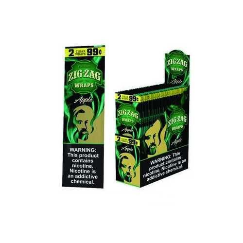 Zig Zag Wraps Apple 2, packaging featuring green and black design with a stylized image of a woman's face and a warning label about nicotine content.
