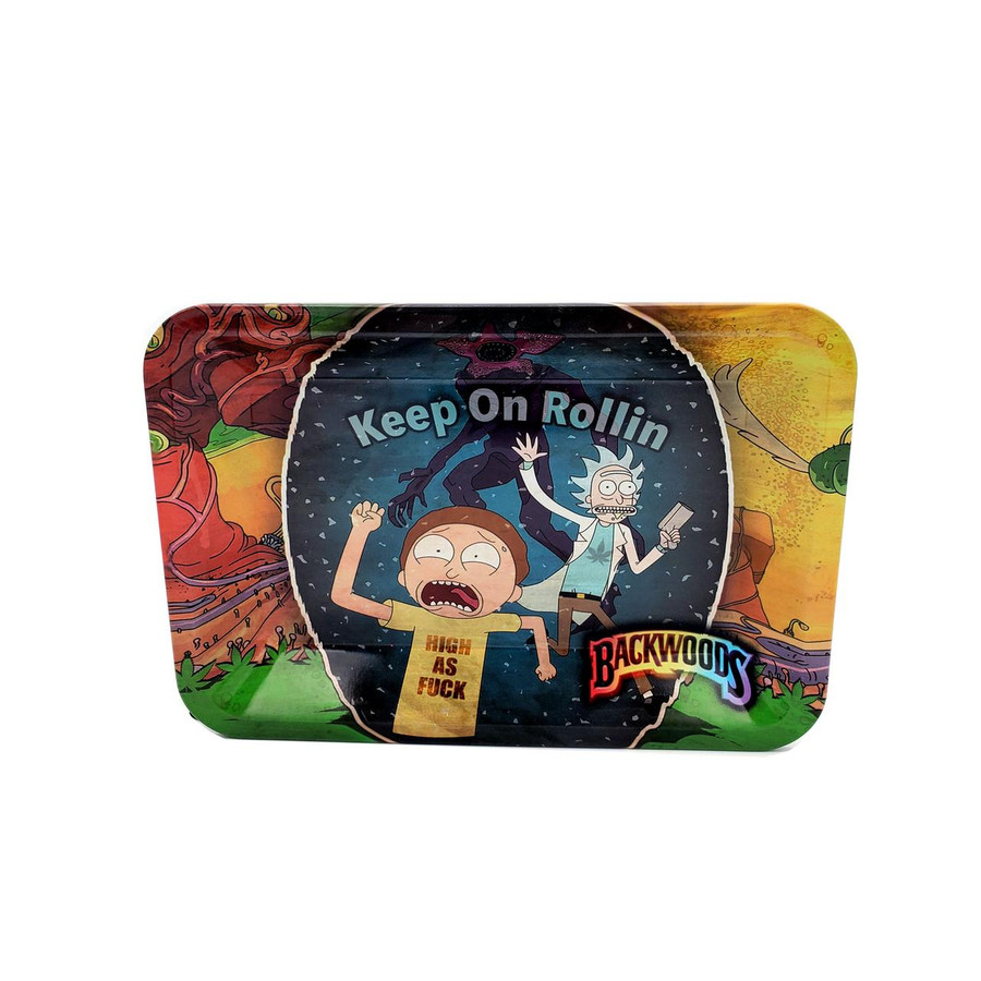 Backwoods Keep on Rollin R & M Mini Tray, colorful animated design featuring characters from Rick and Morty with matching magnetic cover.