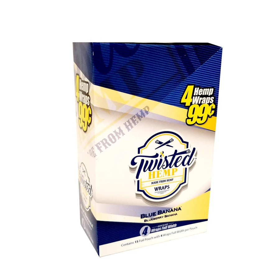 Twisted Hemp Wraps Blue Banana, product packaging of Twisted Hemp Wraps Blue Banana with 15 pouches of 4 wraps each.