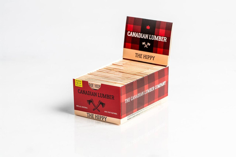 Canadian Lumber The Hippy Rolling Papers 1 1/4 With Filters 22 Packs, open box showcasing multiple rolling papers with filters inside, in red and black plaid packaging.