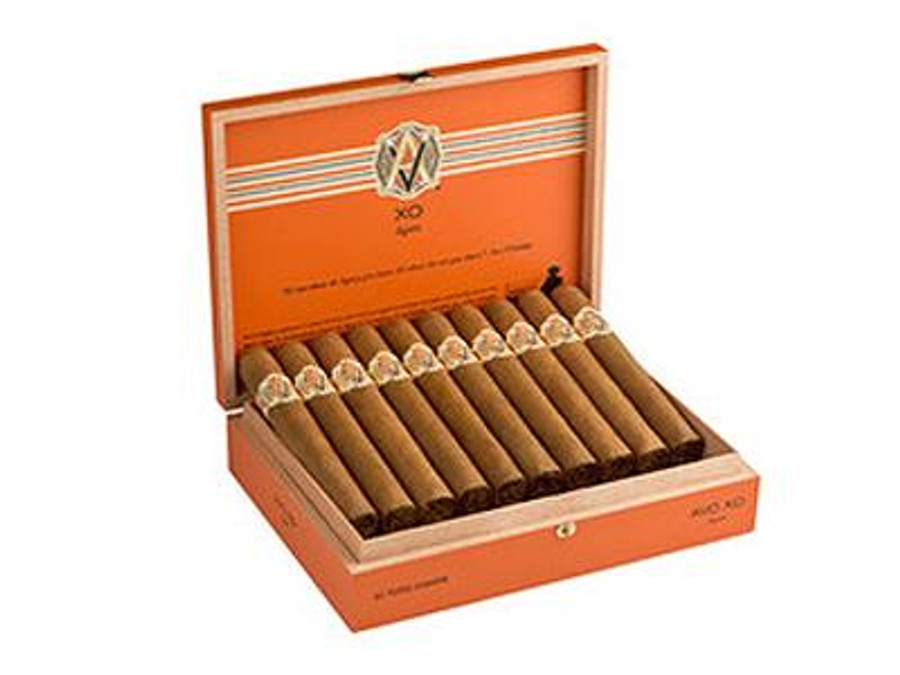 AVO Cigars XO Maestoso Churchill 20 Ct. Box 7.00X48, an open orange cigar box displaying 20 premium cigars inside. AVO Cigars XO Maestoso Churchill 20 Ct. Box 7.00X48, an open orange cigar box displaying 20 premium cigars inside.