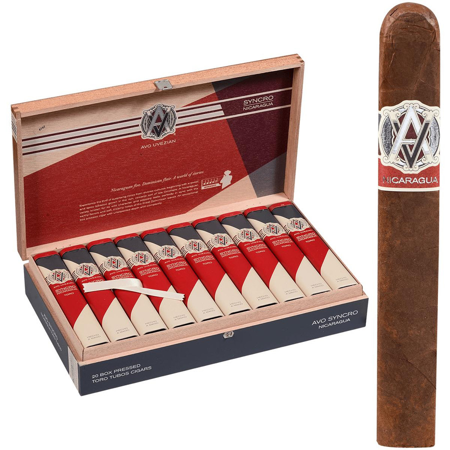 AVO Cigars Syncro Nicaragua Toro Tubo 20 Ct. Box, open wooden box containing twenty cigars with red and white bands, and one cigar standing upright with a dark brown wrapper and branded band.