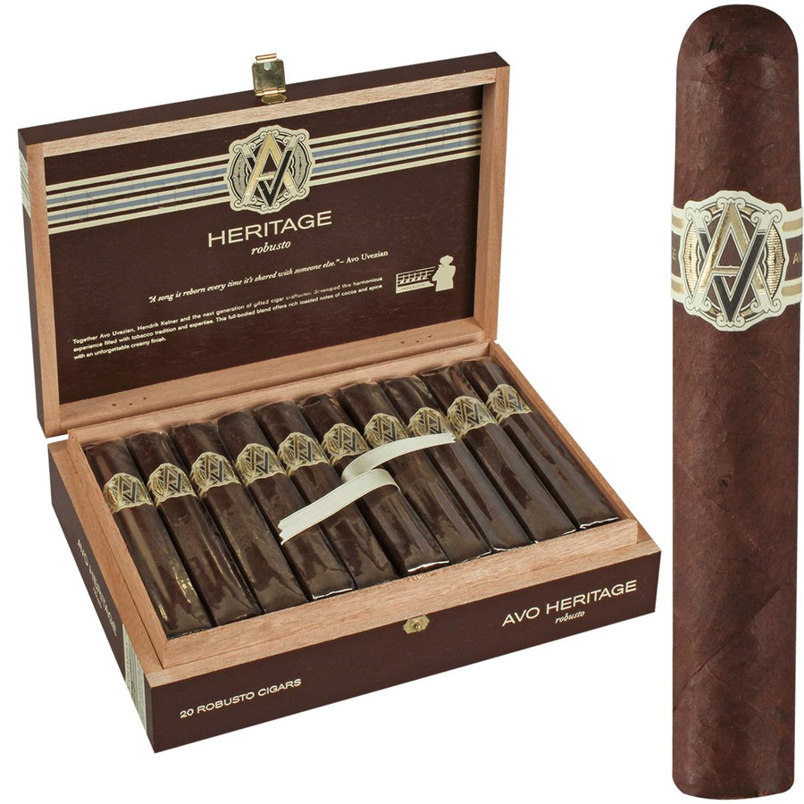 AVO Cigars Heritage Robusto 20 Ct. Box, opened wooden cigar box containing 20 cigars with a close-up of one cigar showing its band.