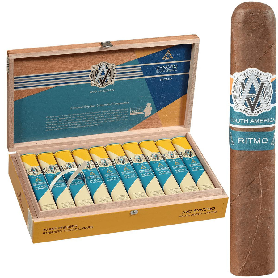 AVO Cigars Syncro Ritmo Robusto Tubos 20 Ct, neatly packaged box of cigars with one cigar standing beside the box showcasing the label and size 5.00 x 50.