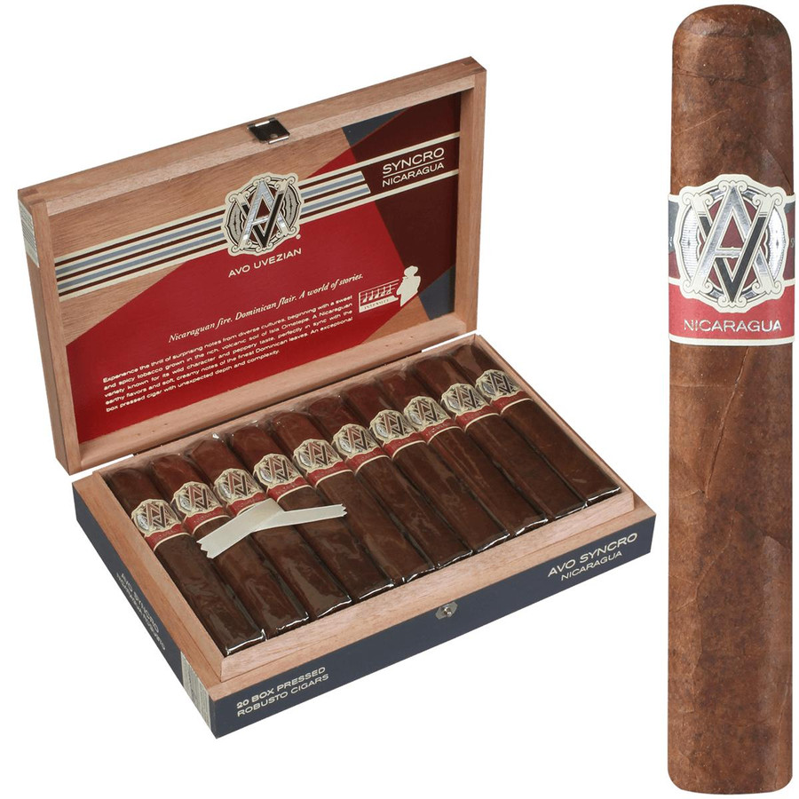 AVO Cigars Syncro Nicaragua Robusto 20 Ct. Box, open wooden box containing 20 cigars, with close-up of a single cigar displaying a red band with the brand logo and Nicaragua label.