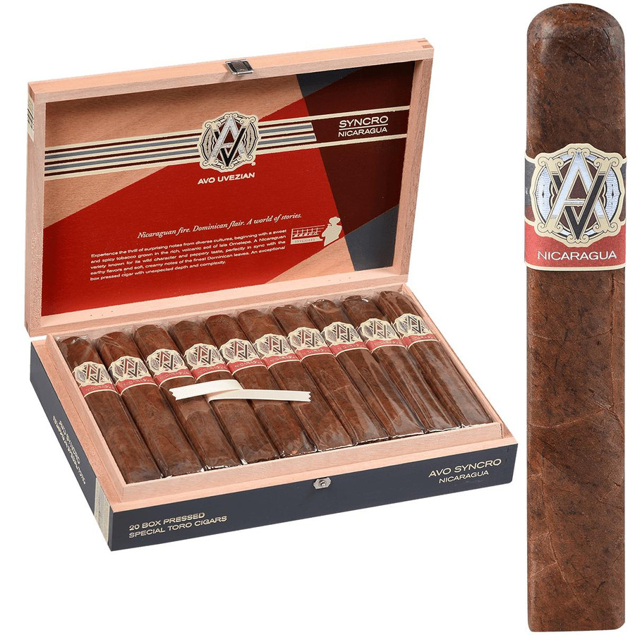 AVO Cigars Syncro Nicaragua Special Toro 20 Ct. Box, image of a wooden cigar box filled with cigars with a detailed label on the cigars and an open box displaying the cigars inside.