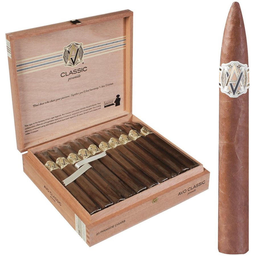 AVO Cigars Classic Piramides 20 Ct. Box, wooden box open showing 20 cigars with a torpedo shape and band, next to a single cigar with similar band.