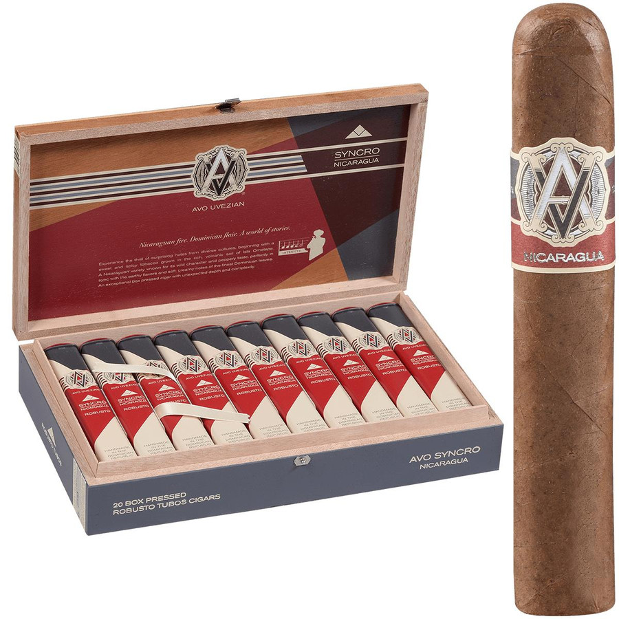 AVO Cigars Syncro Nicaragua Robusto Tubos 20 Ct. Box, wooden cigar box with 20 cigars in red, black, and white packaging, and one cigar outside showing the band with 'Nicaragua' branding.