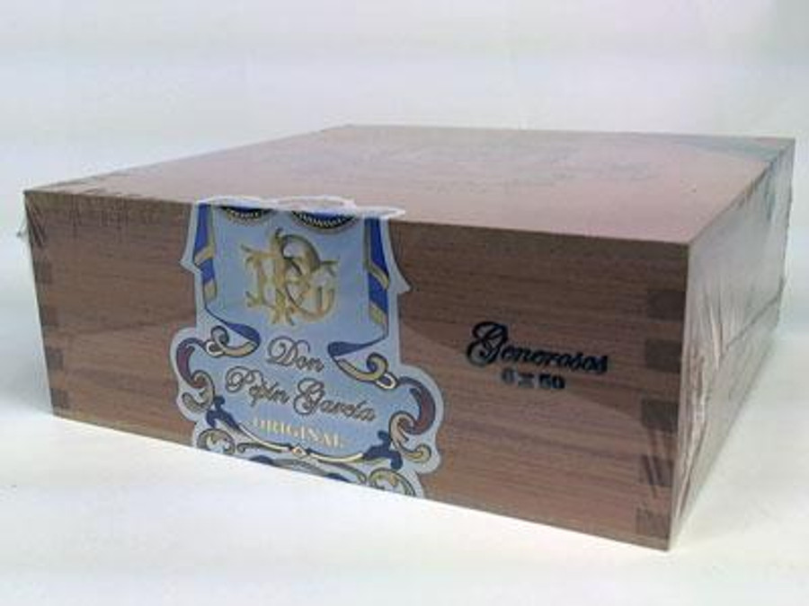 Don Pepin Garcia Cigars Original Generosos Toro 24 Ct. Box, wooden cigar box with decorative label and branding for premium cigars. Don Pepin Garcia Cigars Original Generosos Toro 24 Ct. Box, wooden cigar box with decorative label and branding for premium cigars.