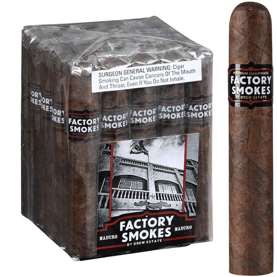 Factory Smokes Cigars Maduro Gordito 25 Ct. Bundle 6.00x60, image of a wrapped cigar bundle with individual cigars inside and a close-up of a single Maduro Gordito cigar. Factory Smokes Cigars Maduro Gordito 25 Ct. Bundle 6.00x60, image of a wrapped cigar bundle with individual cigars inside and a close-up of a single Maduro Gordito cigar.