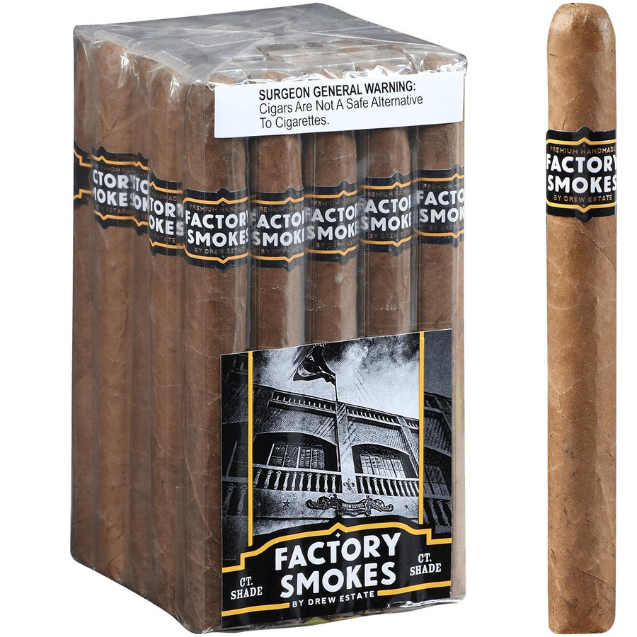 Factory Smokes Cigars Shade Churchill 25 Ct. Bundle, pack of premium handmade cigars with a brown shade wrapper and black label, 7.00x50 size, displayed with a close-up of a single cigar.