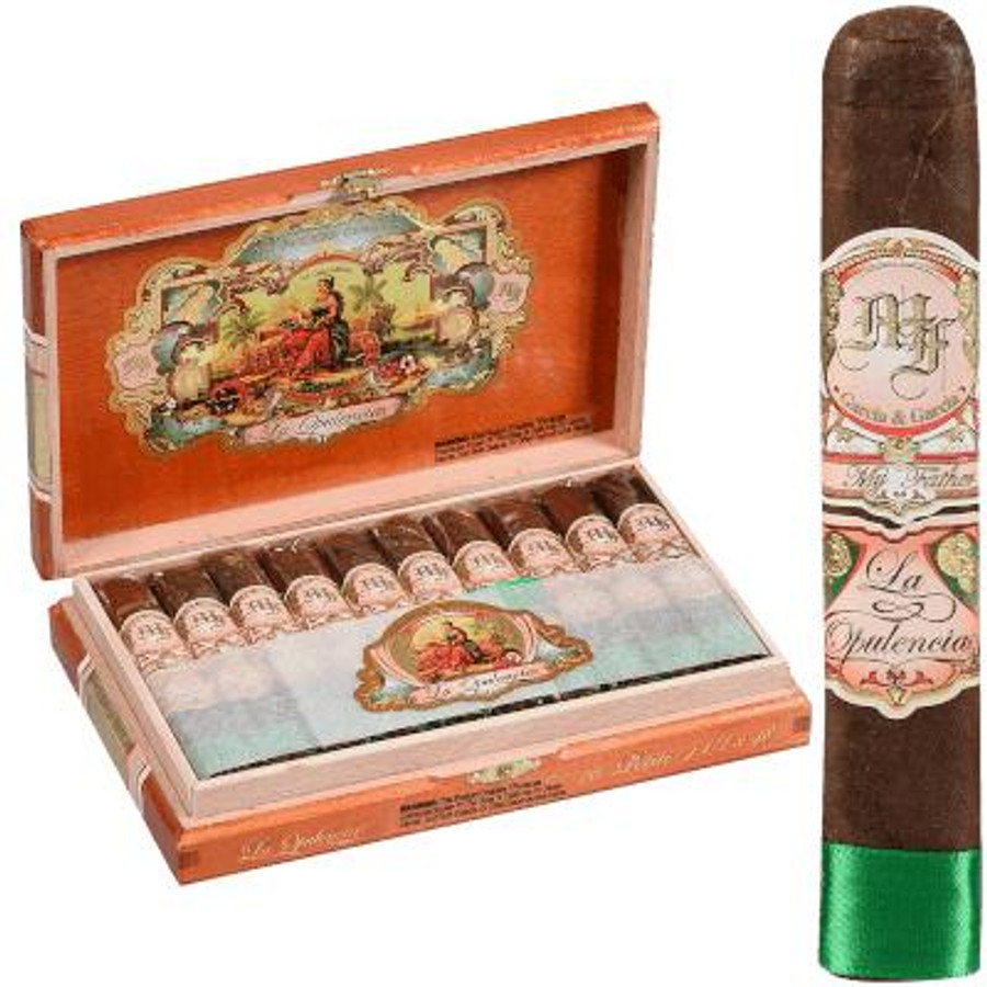 My Father Cigars La Opulencia Petite 20 Ct. Box, opened wooden cigar box with 20 cigars featuring elegant labels, and one cigar outside the box, showcasing the detailed band design and dark wrapper.