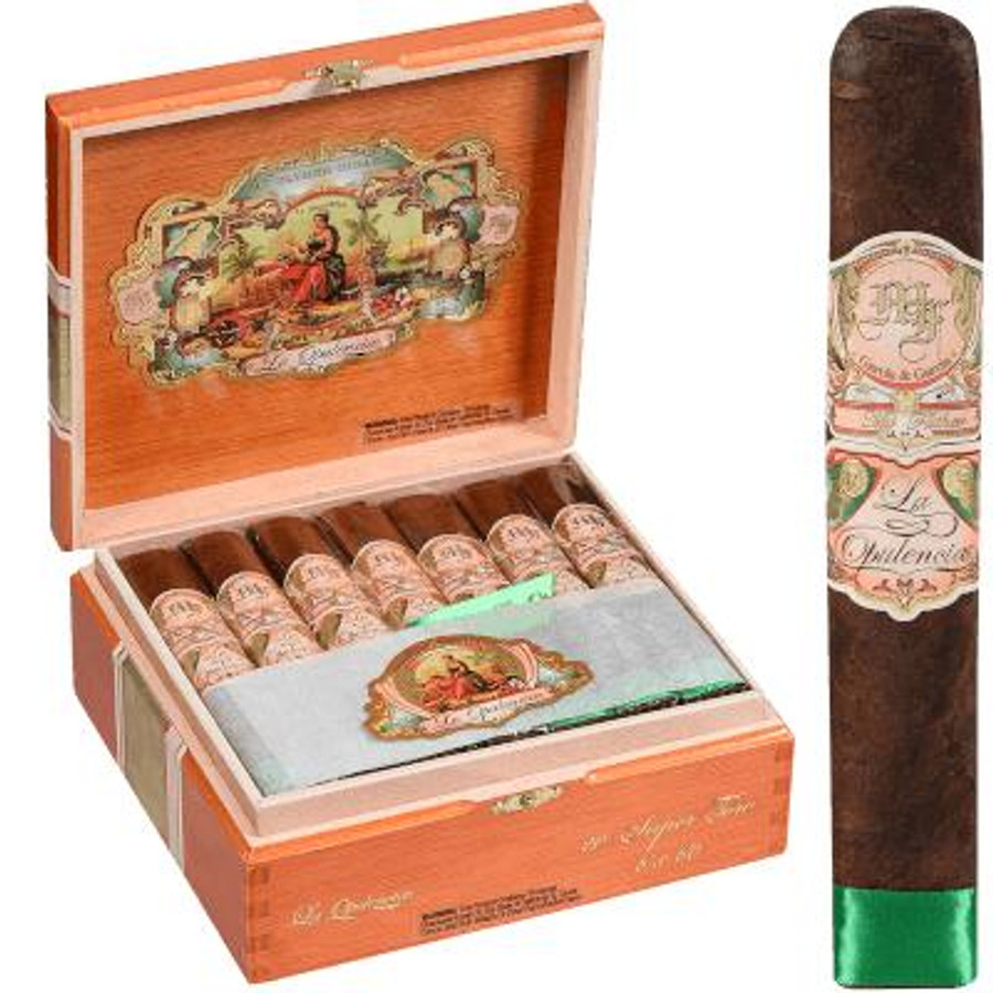 My Father Cigars La Opulencia Super Toro 20 Ct. Box, open wooden cigar box with 20 cigars and decorative interior