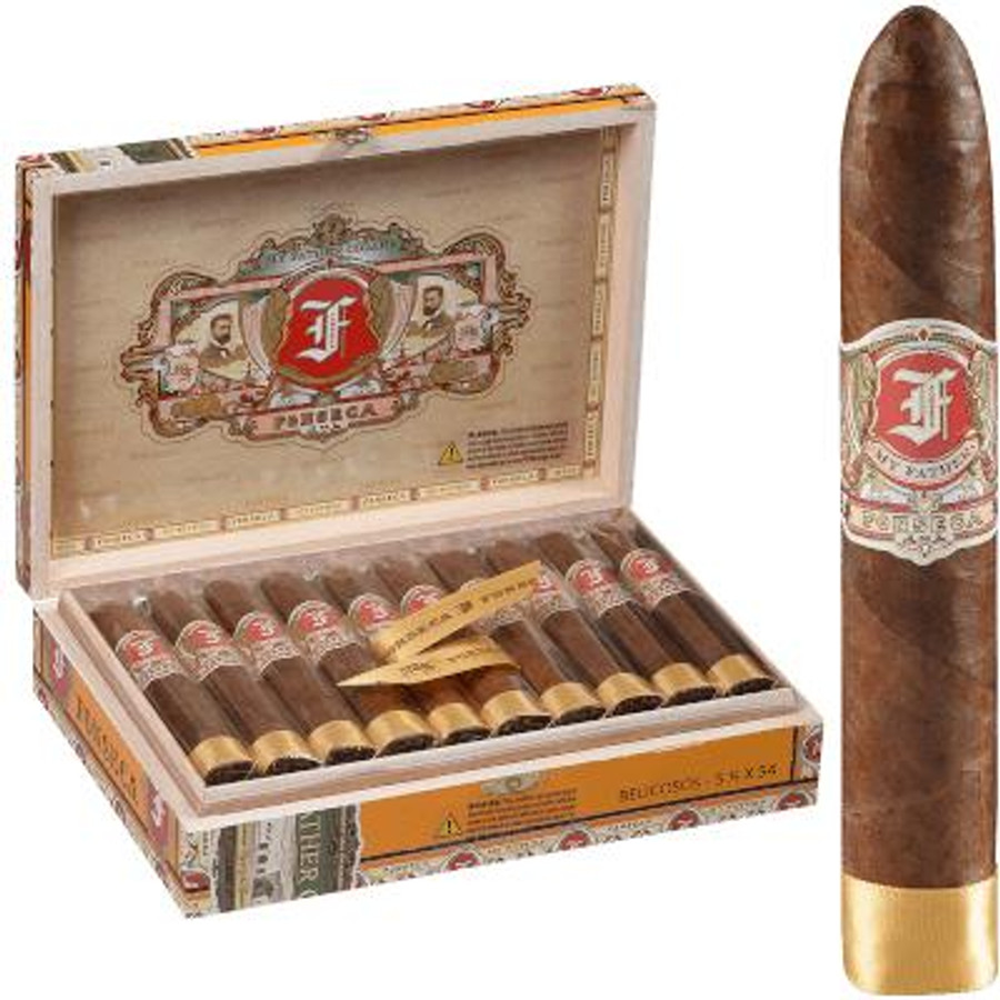 My Father Cigars Fonseca Belicosos 20 Ct. Box, open cigar box with 20 cigars inside and a single cigar placed outside, featuring a wooden finish and detailed labeling.