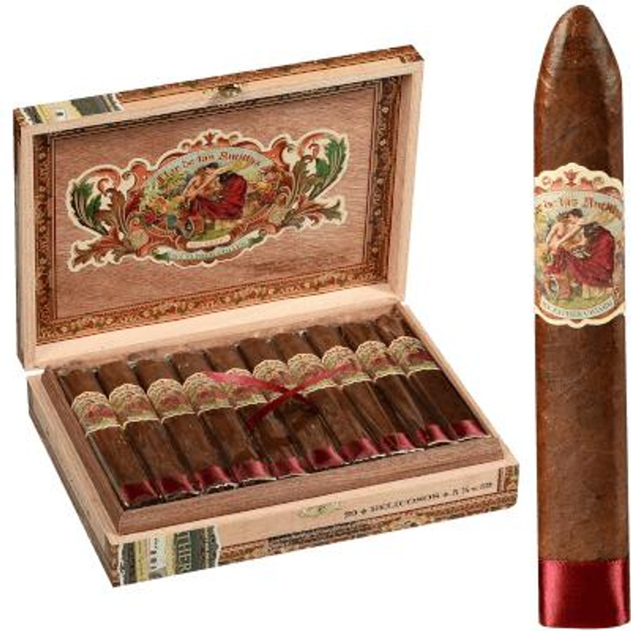 My Father Cigars Flor De Las Antillas By My Father Cigars Belicoso 20 Ct. Box, opened wooden cigar box containing 20 cigars with decorative labels, and one cigar outside the box with colorful band and dark brown wrapper.