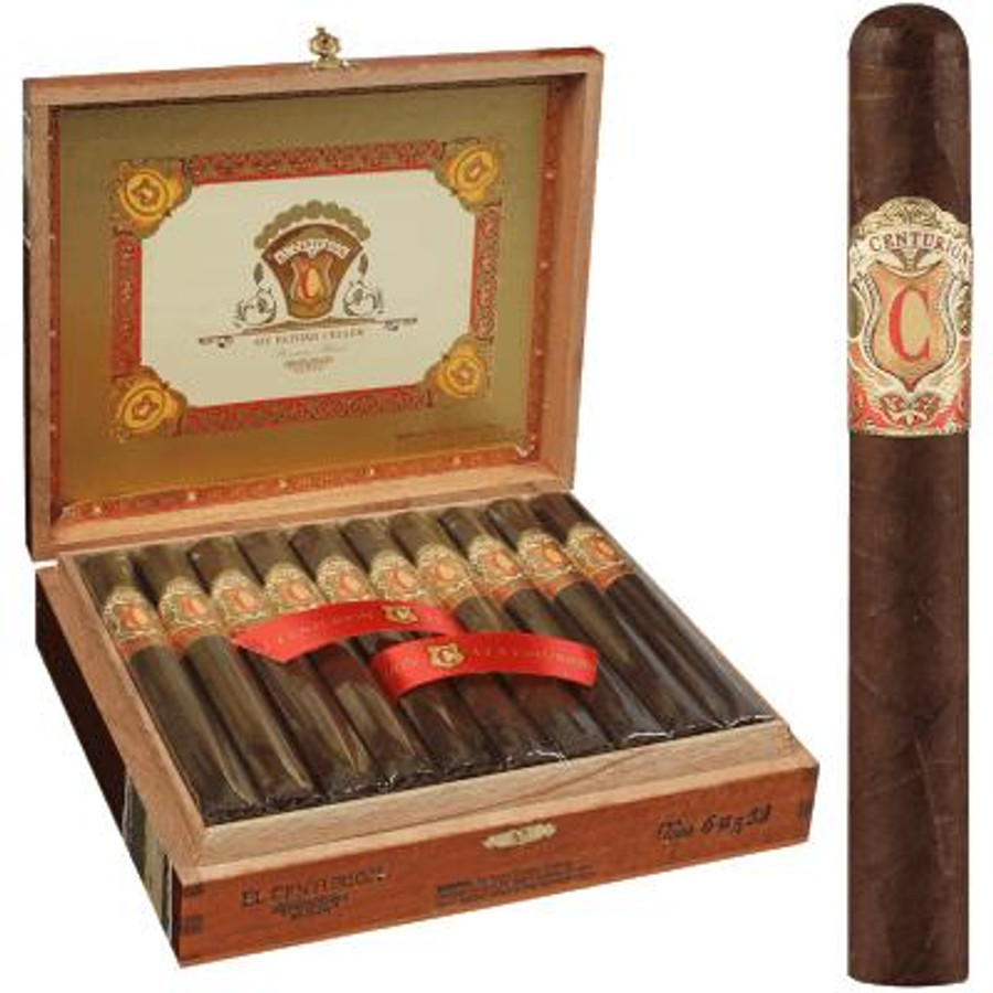 My Father Cigars El Centurion Cigars Toro 20 Ct. Box, wooden box opened showing 20 cigars with red bands, alongside a single cigar upright with decorative band.