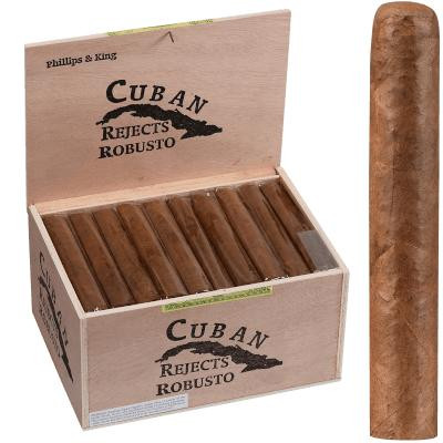 Cuban Rejects Cigars Robusto Natural 50 Ct. Box, open wooden cigar box showing cigars inside with a single cigar placed beside the box.