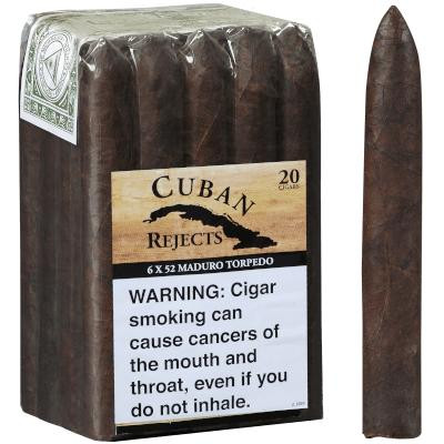 Cuban Rejects Cigars Torpedo Maduro 20 Ct Bundle, package of dark Maduro cigars with one cigar displayed outside the bundle.