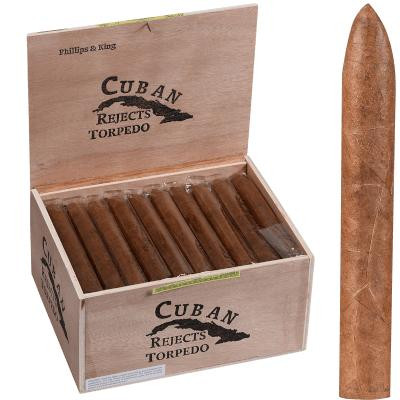 Cuban Rejects Cigars Torpedo Natural 50 Ct. Box, opened wooden box with cigars and one cigar standing outside the box.