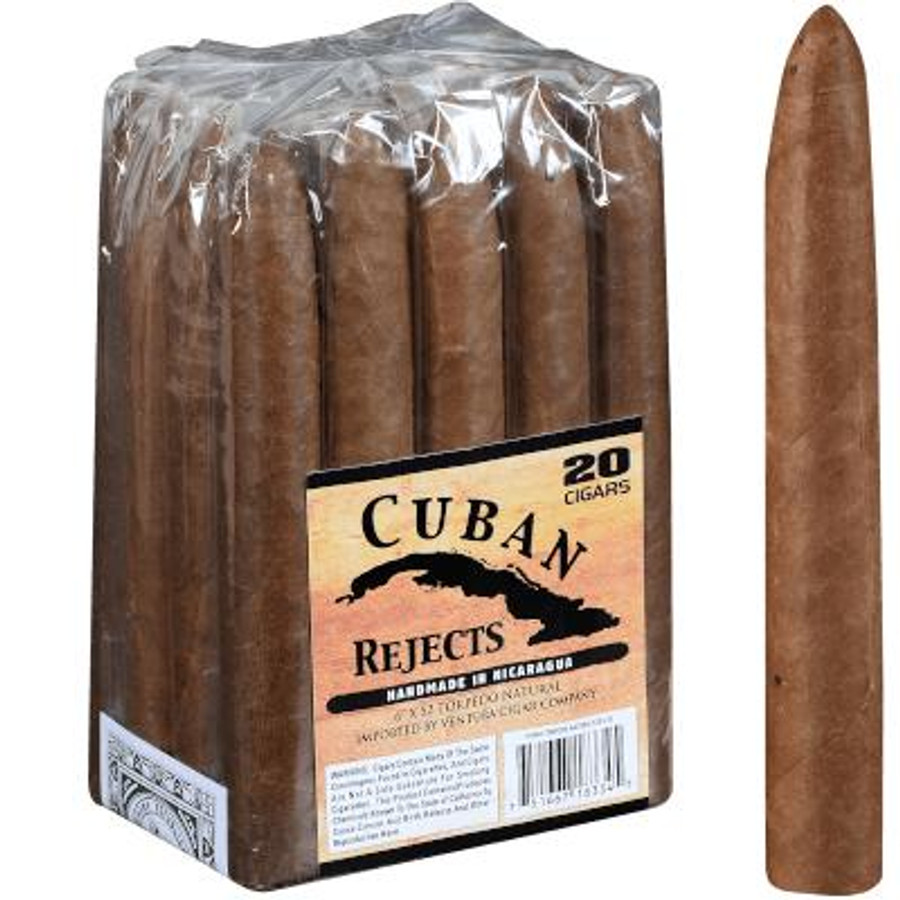Cuban Rejects Cigars Torpedo Natural 20 Ct Bundle, image showing a pack of 20 natural cigars with one cigar placed beside the bundle.
