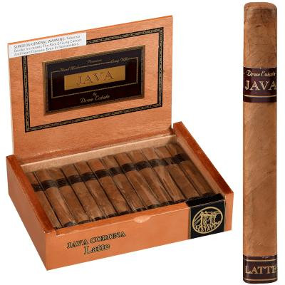 Drew Estate Java Cigars Latte Corona 24 Ct. Box, open box showing arranged cigars and a single cigar standing upright to the right.