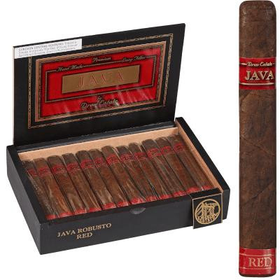 Drew Estate Java Cigars Red Robusto 24 Ct. Box, open cigar box displaying wrapped cigars with red bands and a single cigar outside the box.