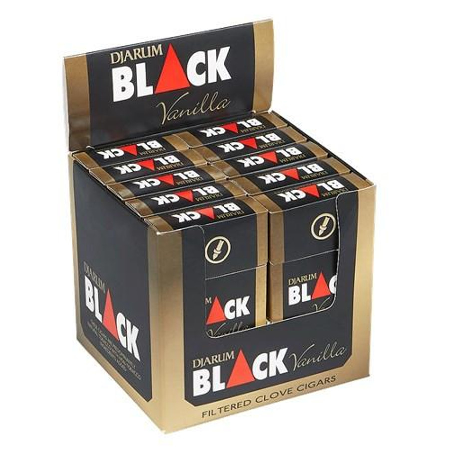 Kretek International Djarum Filtered Clove Cigars Black Vanilla 10/12 Packs, display of cigarette packs inside a black and gold box.