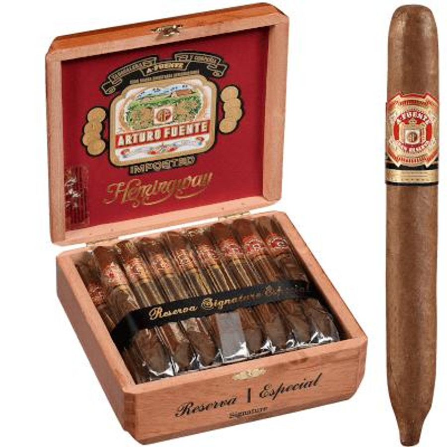 Arturo Fuente Cigars Hemingway Signature Natural 25 Ct. Box, an open wooden cigar box filled with cigars and a single cigar standing upright outside the box.