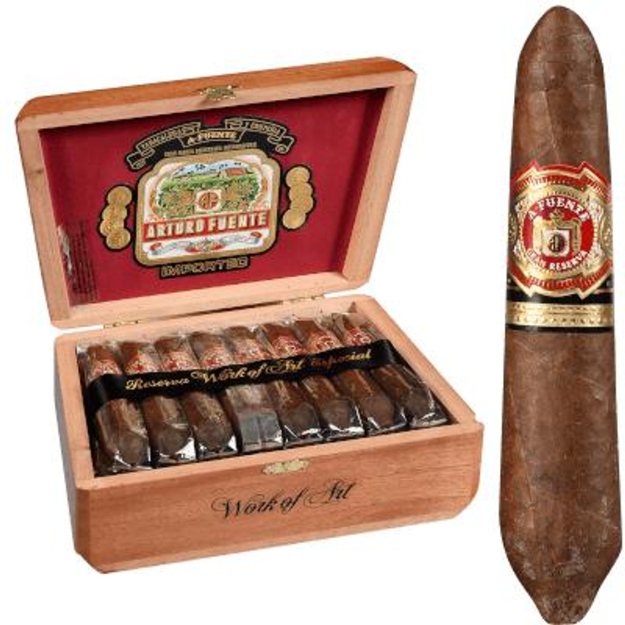 Arturo Fuente Cigars Hemingway Work Of Art Natural 25 Ct. Box, wooden cigar box containing wrapped cigars alongside a single large cigar with red and gold band.