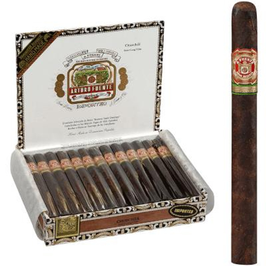 Arturo Fuente Cigars Churchill Maduro 25 Ct. Box, open box displaying 25 cigars with a single cigar shown outside the box.