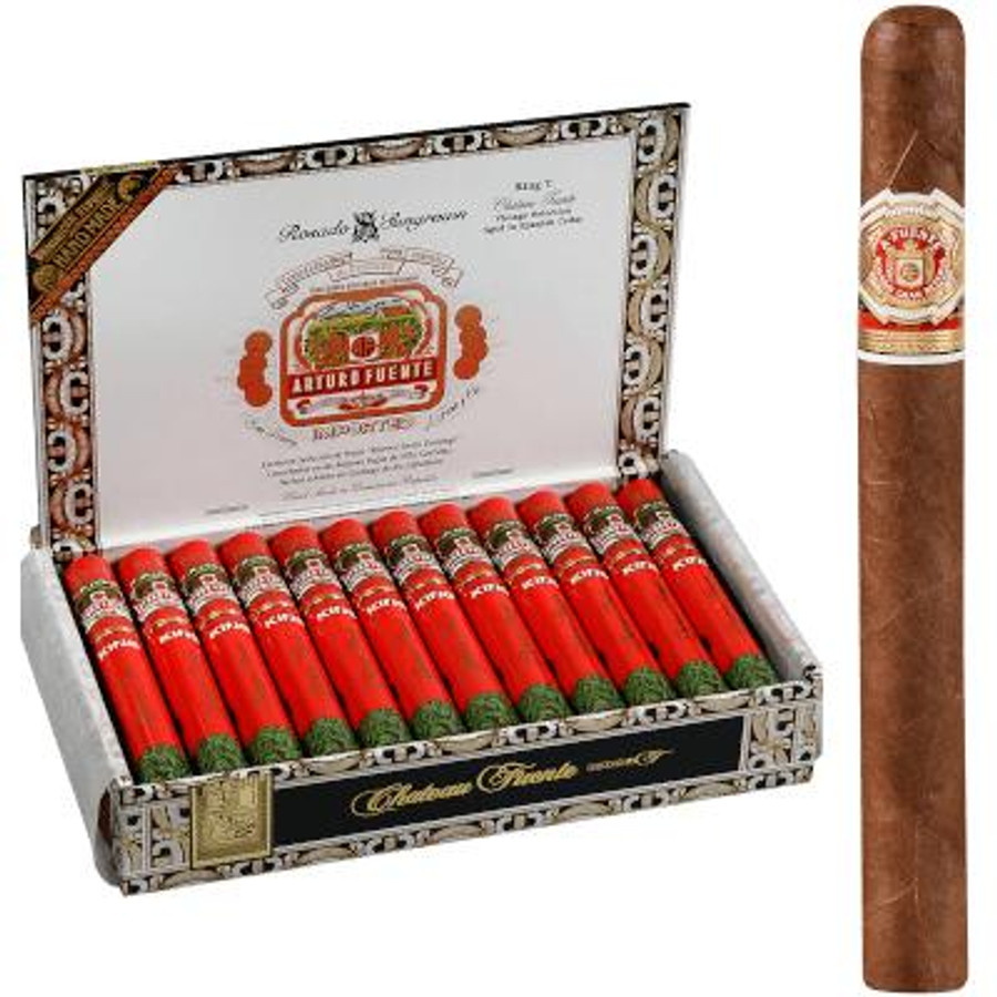 Arturo Fuente Cigars Chateau Fuente King T Rosado Sun Grown Aluminum Tubes 24 Count, image of a box of cigars with the cigars outside the box on a green background.