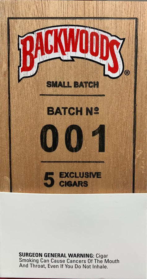 Altadis Backwoods Cigars Small Batch 001, image of a wooden cigar box with the Backwoods logo and batch information