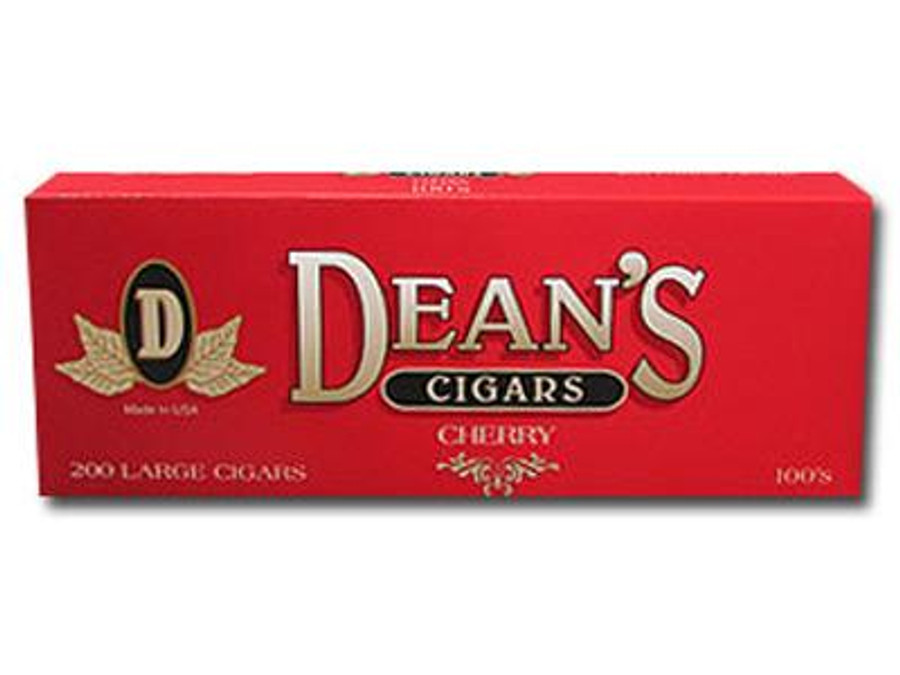 Deans Cigars Deans Large Filtered Cigars Cherry 100's, red box packaging with product name, cherry flavor, large filtered cigars, 10/20 packs. Deans Cigars Deans Large Filtered Cigars Cherry 100's, red box packaging with product name, cherry flavor, large filtered cigars, 10/20 packs.