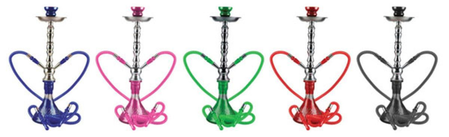 Zelda Premium Hookah Pipe - 20 inch, 2-Hose, colorful hookah pipes in blue, pink, green, red, and black with varying colors, versatile shisha accessory for smoking enjoyment.