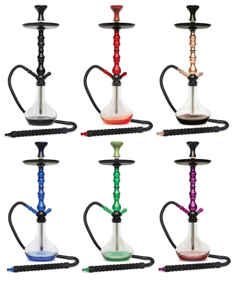 BYO Atlas Hookah - 27 inches, assorted colors, including black, red, rose gold, blue, green, and purple, with glass base and flexible hose.