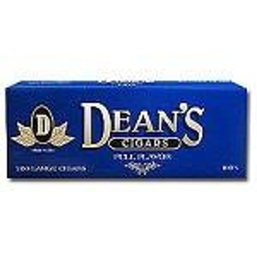 Deans Cigars, image of a blue box containing Deans Large Filtered Cigars with full flavor.