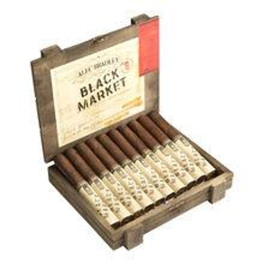 Alec Bradley Cigars Black Market Robusto 22 Ct. Box, an open wooden cigar box containing 22 cigars with a vintage-style label on the lid.
